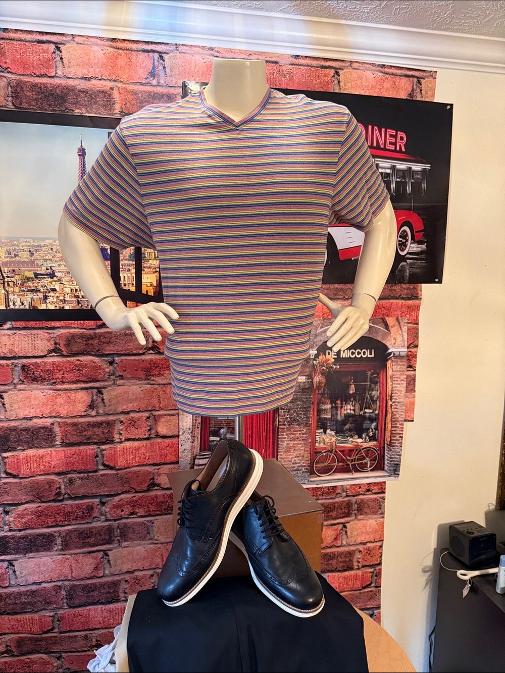 CREMIEUX Striped V-Neck Tee in Pink, Yellow & Blue